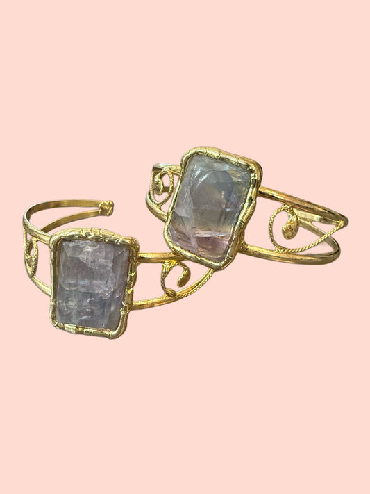 Polished Fluorite gemstone cuff gold plated